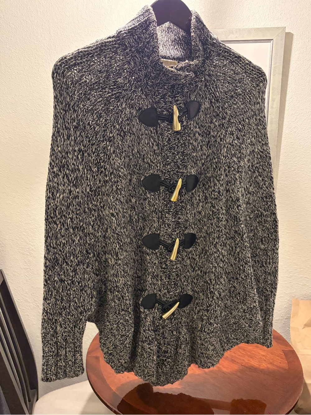 Michael Kors Black & White Marled Toggle Knit Poncho
